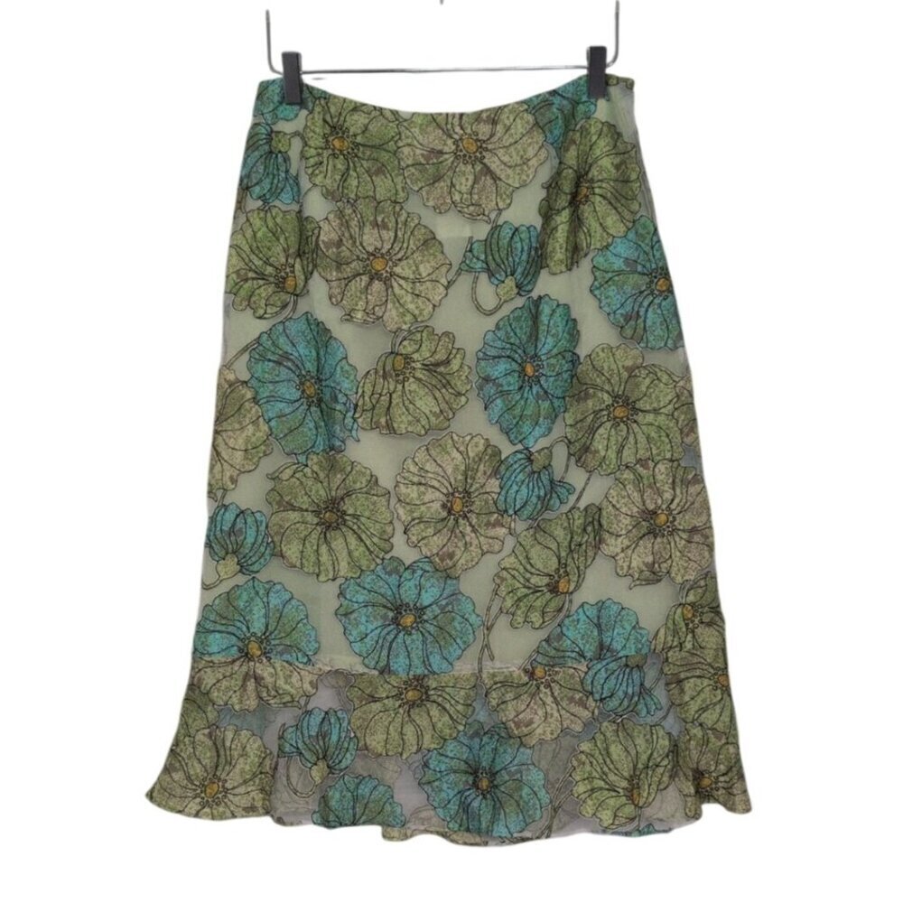 Sharon Young Floral Midi Skirt Womens Size 10 Green Lightweight Lined A Line